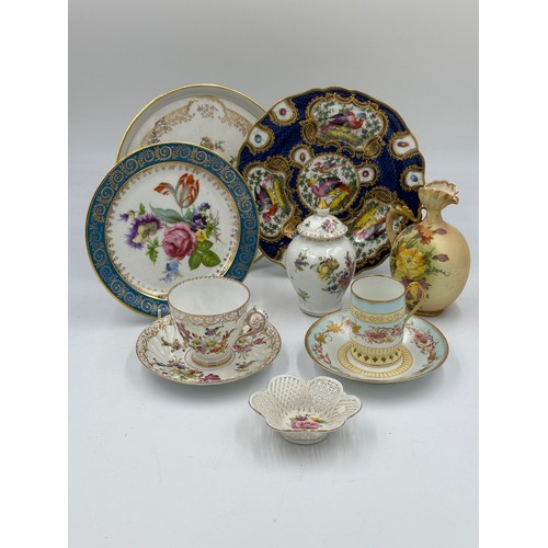 210 - A group of 19th and early 20thC ceramics to include a Samson plate with birds, Dresden cup and sauce... 