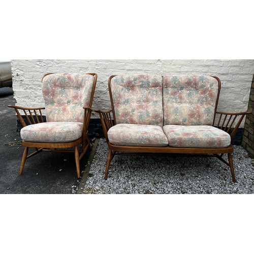 88 - Two seater Ercol sofa and single chair, sofa 140cm w and height to back 91cm.