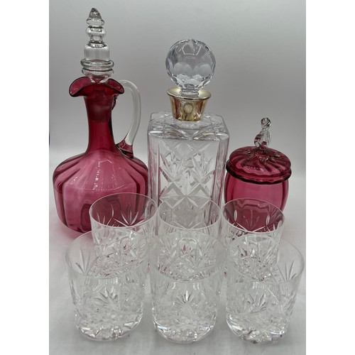 305 - Glass to include a silver necked decanter Birmingham 1982 and six tumblers, cranberry and clear glas... 