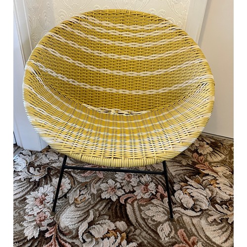 93 - A 20thC yellow and white woven Sputnik type chair on metal legs. Approximately 69cm h to back.