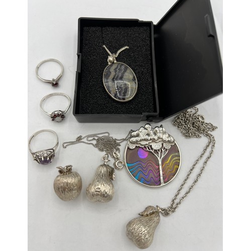 467 - Silver jewellery to include Blue John pendant and chain, tree pendant on chain, two hallmarked silve... 