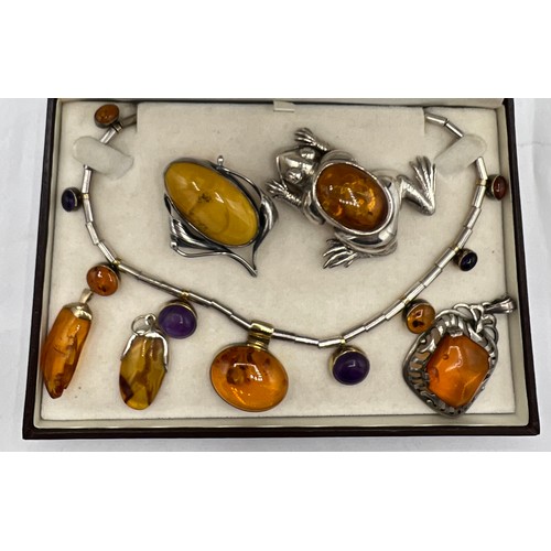 468 - Silver and amber choker style necklace, continental silver and amber pendant, Art Nouveau style ambe... 