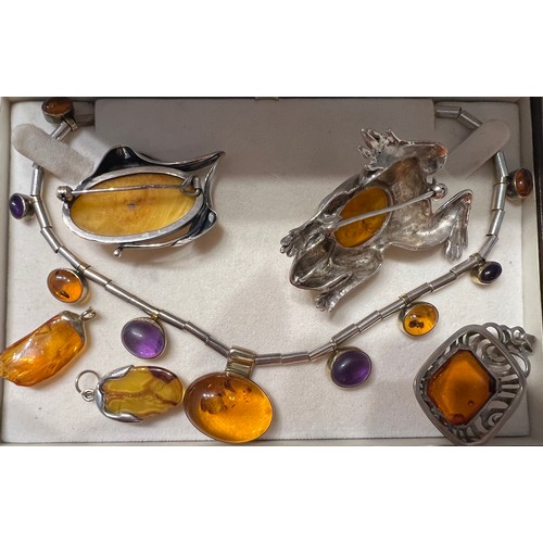 468 - Silver and amber choker style necklace, continental silver and amber pendant, Art Nouveau style ambe... 