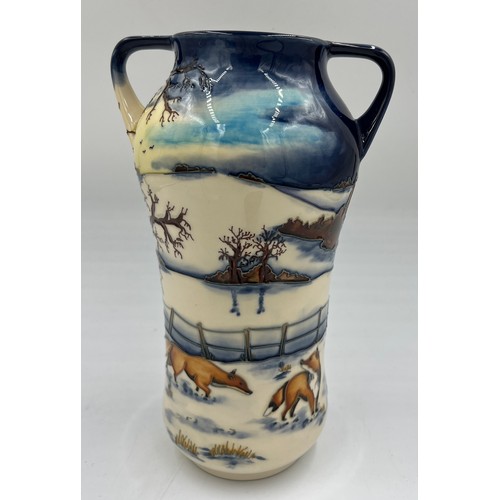 213 - A Moorcroft “Woodside Farm” twin handled vase. 25.5cm h.