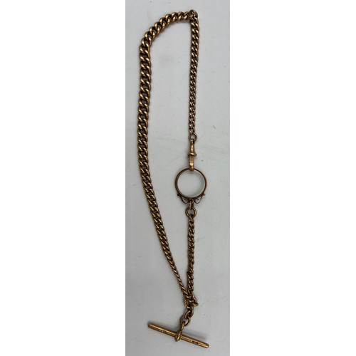 486 - A nine carat gold watch chain with T bar and clip with a circular frame for a coin. Total weight 37.... 