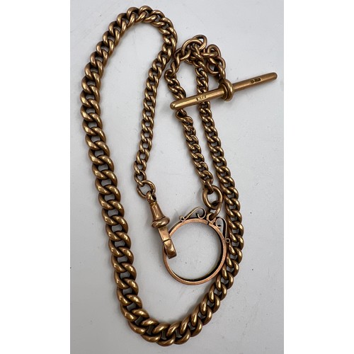 486 - A nine carat gold watch chain with T bar and clip with a circular frame for a coin. Total weight 37.... 