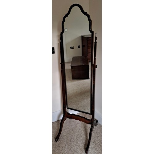 1017 - A mahogany cheval mirror. 157cm h x 54cm w x 41cm d.