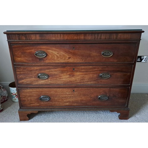 101 - A 19thC mahogany three height chest of drawers on bracket feet with brass handles. 88cm h x 110cm w ... 