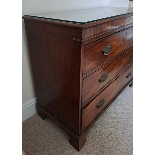 101 - A 19thC mahogany three height chest of drawers on bracket feet with brass handles. 88cm h x 110cm w ... 