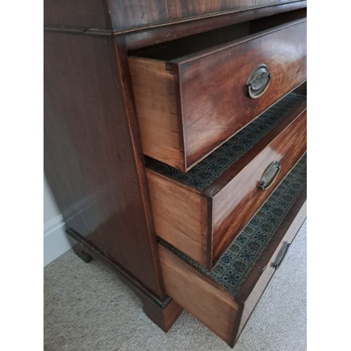 101 - A 19thC mahogany three height chest of drawers on bracket feet with brass handles. 88cm h x 110cm w ... 