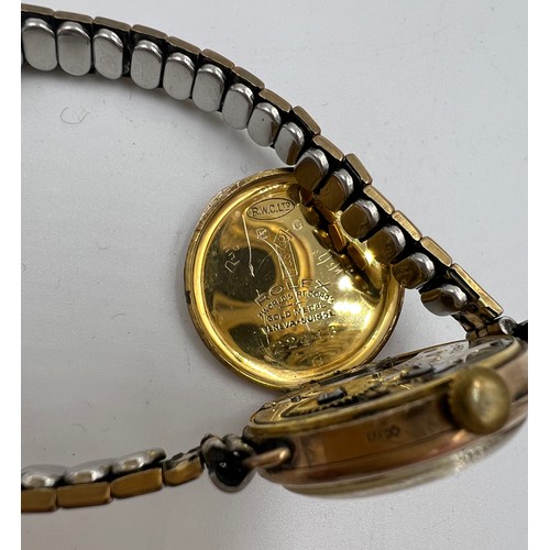 543 - A nine carat gold cased ladies Rolex wristwatch on rolled gold expanding bracelet. 2.5cm d. Total we... 