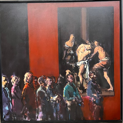 1182 - Neil McGregor (b. 1963-) Oil on canvas, ‘At The Caravaggio’. 96cm x 96cm . Won first prize at the Fe... 