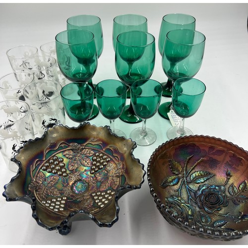 303 - Glass to include 6 19thC green wine glasses, 18cm h, 6 19thC green and clear glasses, 2 carnival gla... 