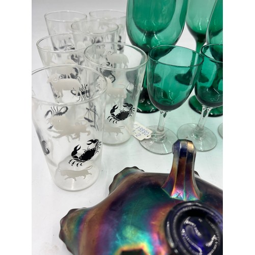 303 - Glass to include 6 19thC green wine glasses, 18cm h, 6 19thC green and clear glasses, 2 carnival gla... 