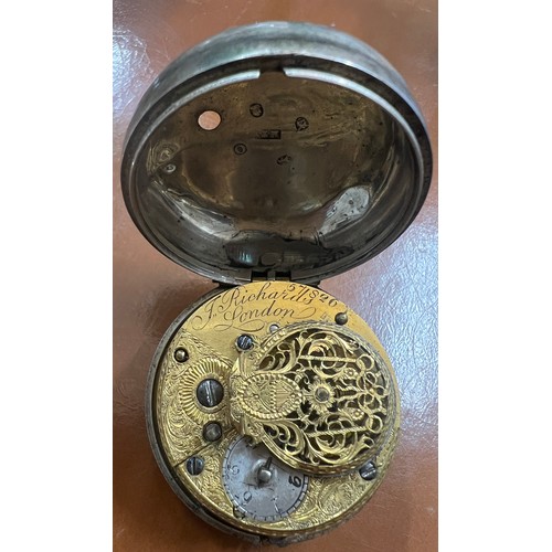 524 - Early 19thC silver pair cased pocket watch with fusée movement, London 1809, watch maker J Richards ... 