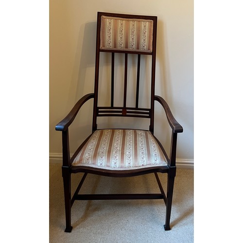 96 - Edwardian mahogany inlaid armchair with upholstered seat and back. 112 cm h to back.