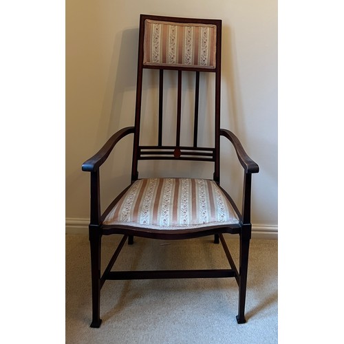 96 - Edwardian mahogany inlaid armchair with upholstered seat and back. 112 cm h to back.