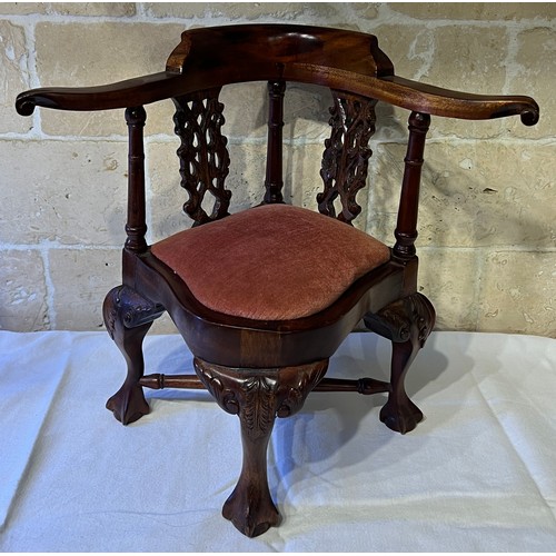 1033 - A miniature wooden corner chair on ball and claw feet and drop in seat. 30cm h to back.