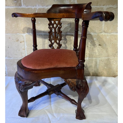 1033 - A miniature wooden corner chair on ball and claw feet and drop in seat. 30cm h to back.