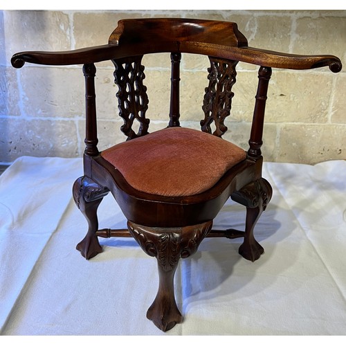 1033 - A miniature wooden corner chair on ball and claw feet and drop in seat. 30cm h to back.