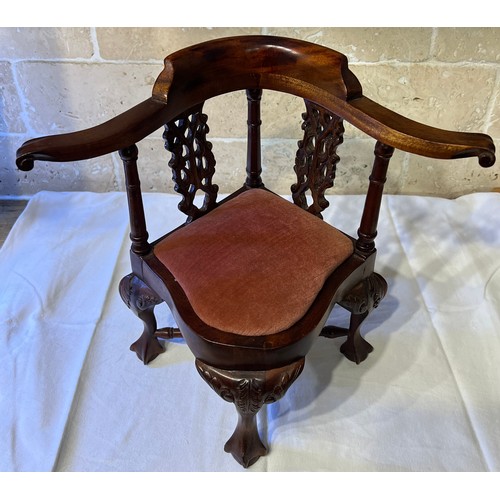 1033 - A miniature wooden corner chair on ball and claw feet and drop in seat. 30cm h to back.