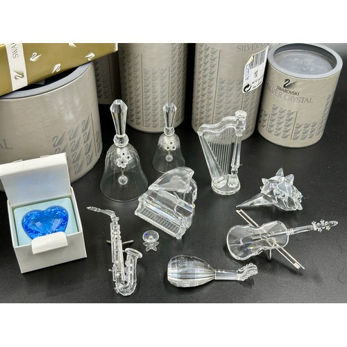 298 - Swarovski crystal musical 7477 to include Piano & Stool, Saxophone , Violin with Bow, Harp and Mando... 