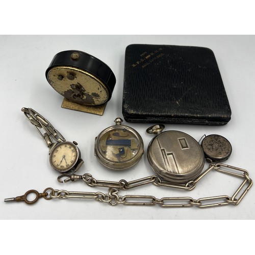 561 - Watches and pocket watches etc to include two silver cased wristwatches, leather cased travel clock,... 