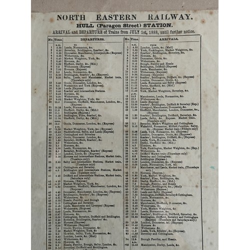 1141 - Railway interest: North Eastern Railway Timetable Hull Paragon arrivals and departures from July 1st... 