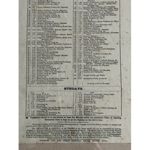 1141 - Railway interest: North Eastern Railway Timetable Hull Paragon arrivals and departures from July 1st... 