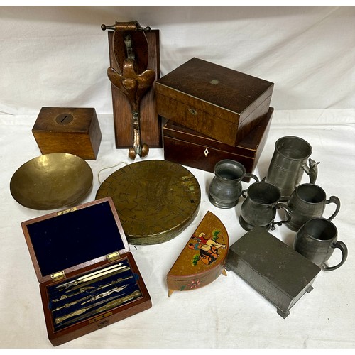 1023 - Miscellany to include a copper wall hanging, Burmese brass gong, two wooden boxes, wooden money box,... 