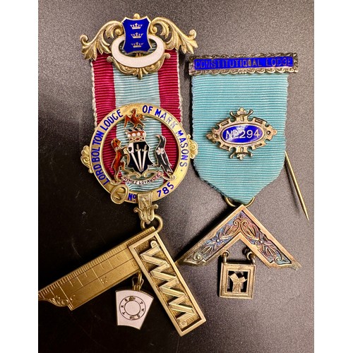 1025 - Masonic interest: Two Past Master Jewels silver and enamelled, one presented to Peter Wilson by memb... 