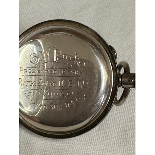 562 - A silver half Hunter pocket watch engraved C.W.Park presented by the Rates Staff N.E.RLY York Sep 30... 