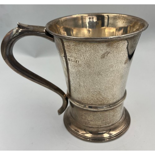 739 - A silver tankard, marks rubbed, probably Birmingham 1933, 13cm h, Weight 232gm. Inscribed to front P... 