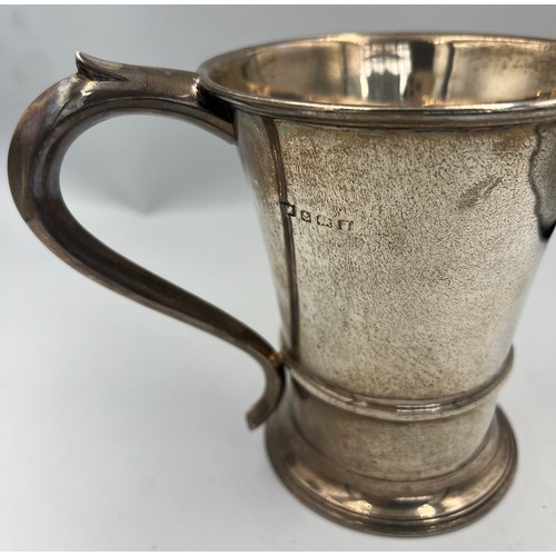 739 - A silver tankard, marks rubbed, probably Birmingham 1933, 13cm h, Weight 232gm. Inscribed to front P... 