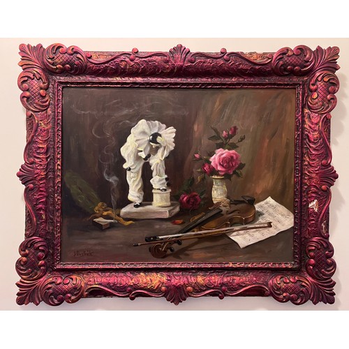 1192 - An oil on board, possibly Dutch of still life depicting violin, rose and a Pierrot. Signed l.l. indi... 