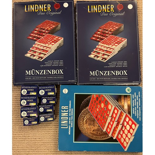 595 - Three Lindner high quality coin trays with 8 boxes of Lindner coin capsules.