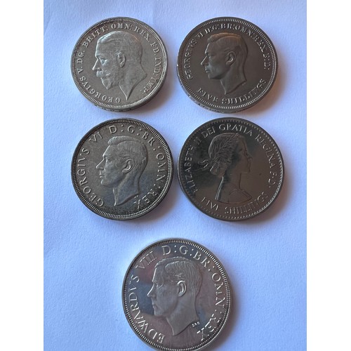 596 - Crowns/ Five Shillings to include George V 1935, George VI 1937, George VI 1951, Elizabeth II 1960 a... 