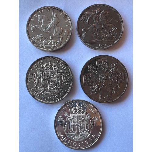 596 - Crowns/ Five Shillings to include George V 1935, George VI 1937, George VI 1951, Elizabeth II 1960 a... 