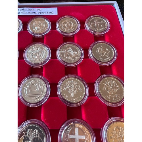 611 - A collection of one pound proof coins from 1983. Taken from Royal Mint Annual Proof Sets. (34)