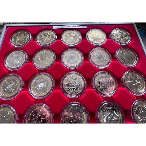 612 - Two trays of 41 two pound proof coins from 1986 to 2010 to include 1999 Rugby World Cup, 2002 Common... 