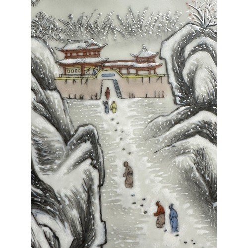 270 - A framed Chinese porcelain plaque of a winter landscape. Visible plaque 36.5 x 24cm.