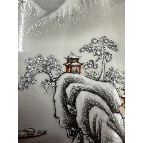 270 - A framed Chinese porcelain plaque of a winter landscape. Visible plaque 36.5 x 24cm.