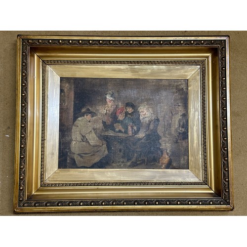 1170 - An oil on canvas of a Tavern scene.  Image 24 x 34.5cm. Frame  46.5 x 50cm.