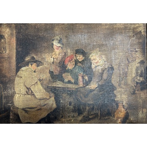 1170 - An oil on canvas of a Tavern scene.  Image 24 x 34.5cm. Frame  46.5 x 50cm.