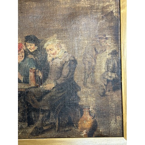 1170 - An oil on canvas of a Tavern scene.  Image 24 x 34.5cm. Frame  46.5 x 50cm.