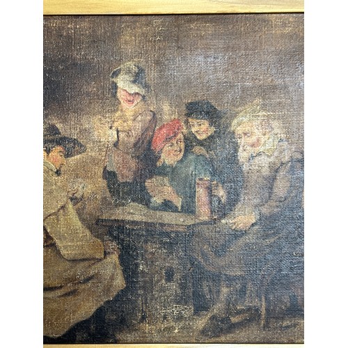 1170 - An oil on canvas of a Tavern scene.  Image 24 x 34.5cm. Frame  46.5 x 50cm.