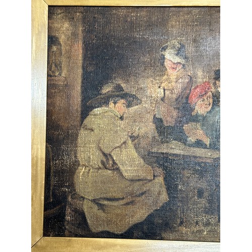 1170 - An oil on canvas of a Tavern scene.  Image 24 x 34.5cm. Frame  46.5 x 50cm.