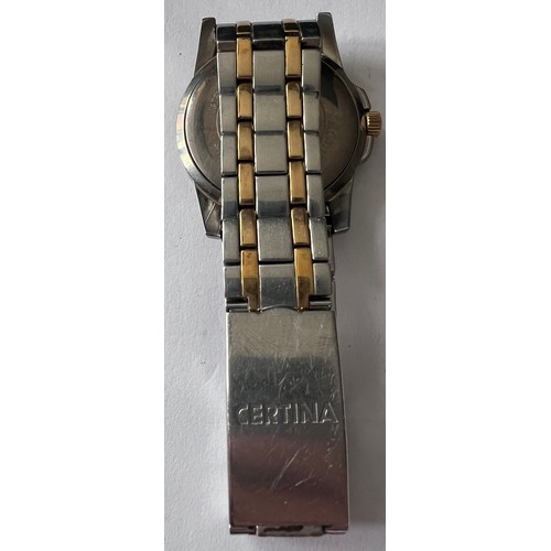 569 - A Certina DS battery operated wristwatch with date aperture on gold and silver coloured bracelet. In... 