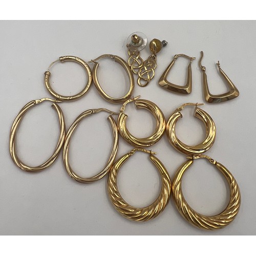 518 - Five pairs of earrings and two odd earrings. All posts marked for 9 carat gold. Total weight 13.9gm.