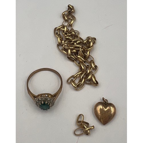 520 - A 9 carat gold chain necklace a/f, 9 carat gold cluster ring and a 9 carat gold heart. Total weight ... 